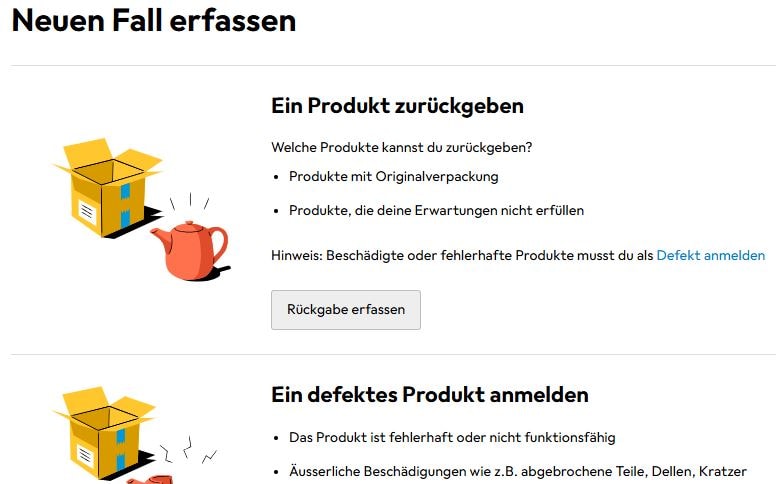 Retourenprozess bei Galaxus: Nutzer k&ouml;nnen zwischen zwei Optionen w&auml;hlen: Ein Produkt zur&uuml;ckgeben &ndash; etwa bei Nichtgefallen und mit Originalverpackung &ndash; oder ein defektes Produkt melden, wenn es besch&auml;digt oder nicht funktionsf&auml;hig ist. Jede Option ist mit einem passenden Symbolbild und einer kurzen Erkl&auml;rung versehen.