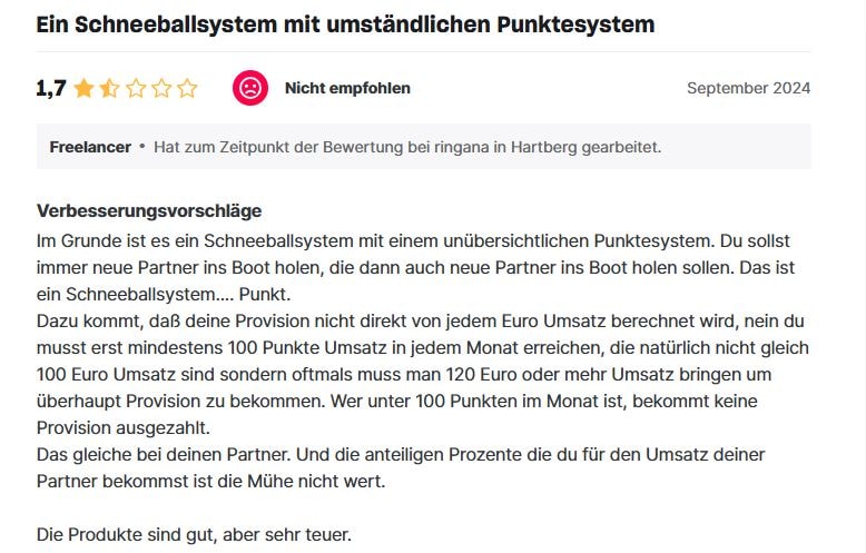 Ringana Warnung kununu Bewertung